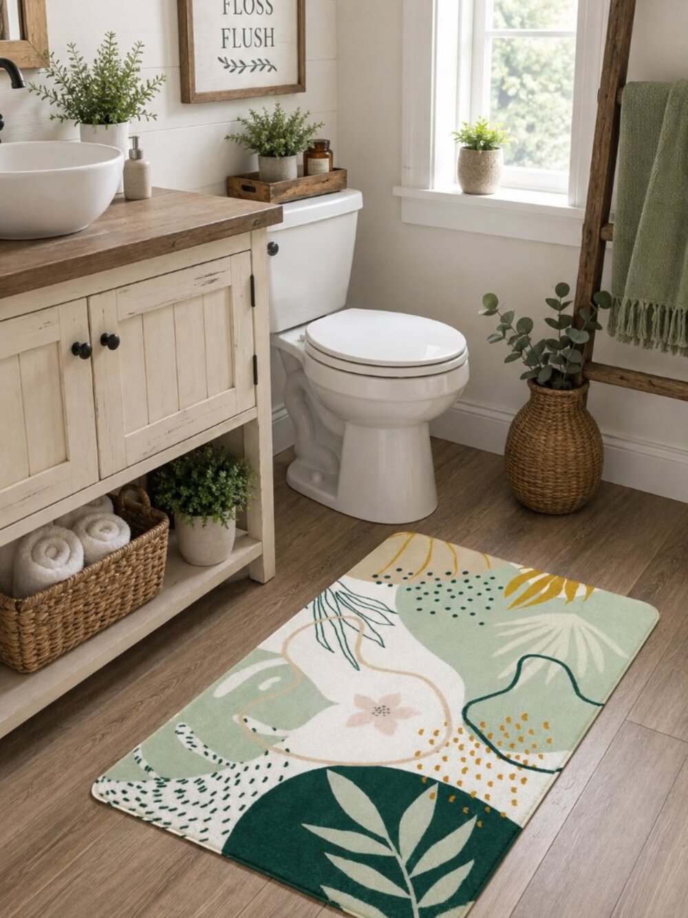 Lahome Green Botanical Washable Area Rug 2x3 Non Slip Faux Wool Accent Rug